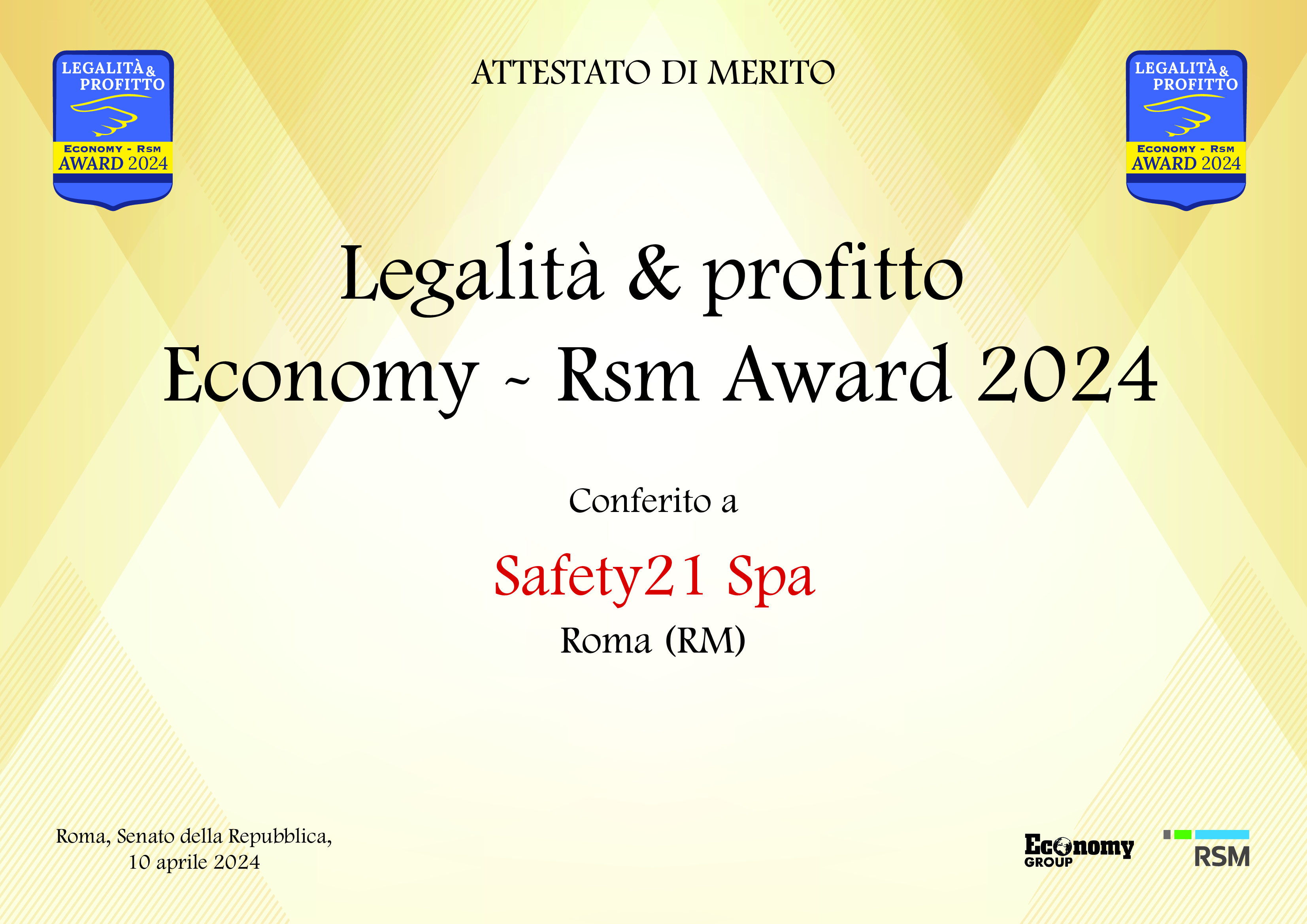 Safety21 ottiene il premio Legalità e Profitto Ecomony – Rsm Award 2024